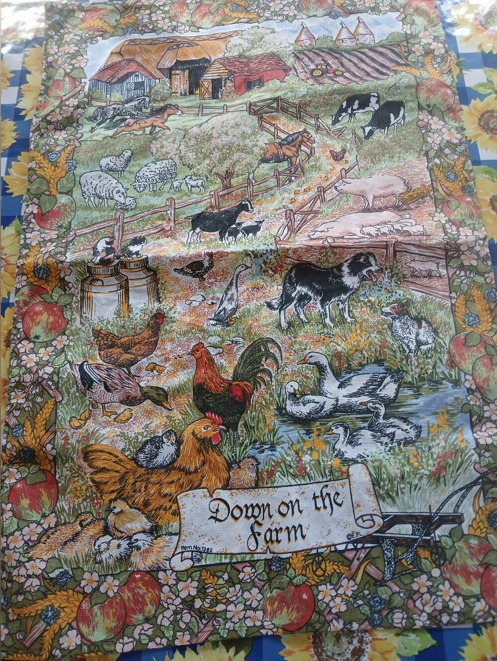 Down on the Farm Illustrated Farm Scene Tea Towel Pigs Chickens Cows Sheep